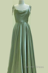 Long Sage Green Satin Cowl Neck Dresses