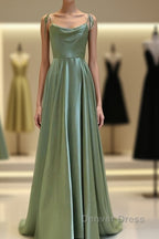 Long Sage Green Satin Cowl Neck Dresses