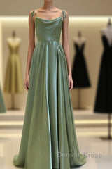 Long Sage Green Satin Cowl Neck Dresses