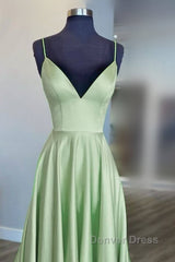 Long Sage Green V Neck Satin Dresses