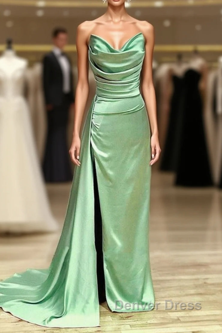 Long Sage Satin Cowl Neck Bridesmaid Dresses Main image