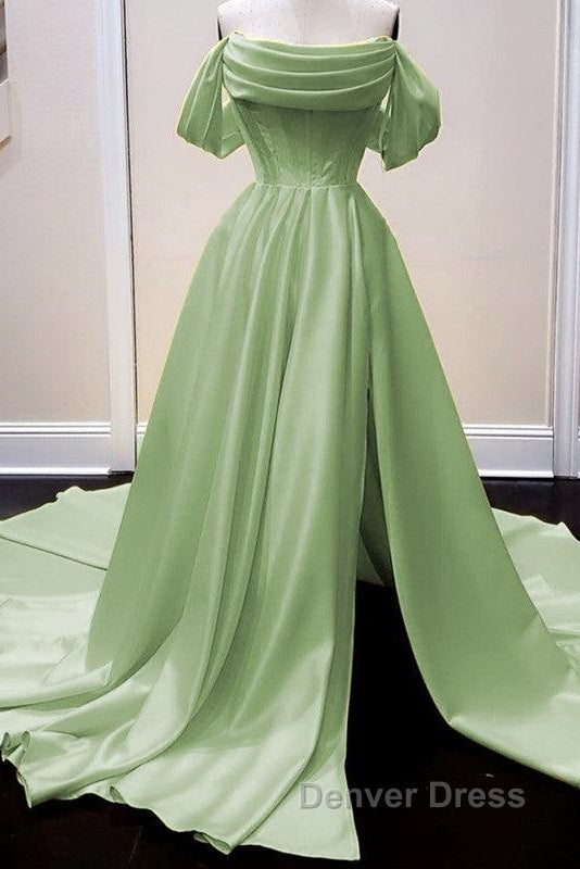 Long Satin Corset Prom Dresses Off The Shoulder Side Split