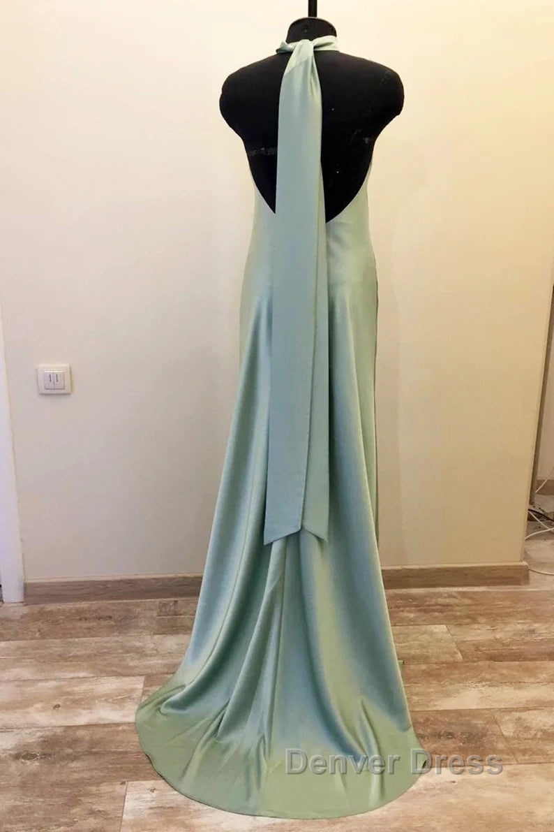 Long Satin Draped Sage Green Halter Bridesmaid Dresses Secondary image