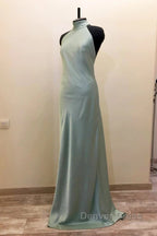 Long Satin Draped Sage Green Halter Bridesmaid Dresses