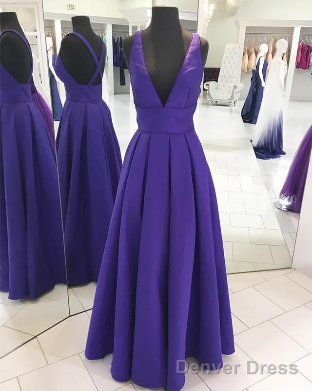 Long Satin V-Neck Cross Back Prom Dresses Floor Length Evening Gowns Main image