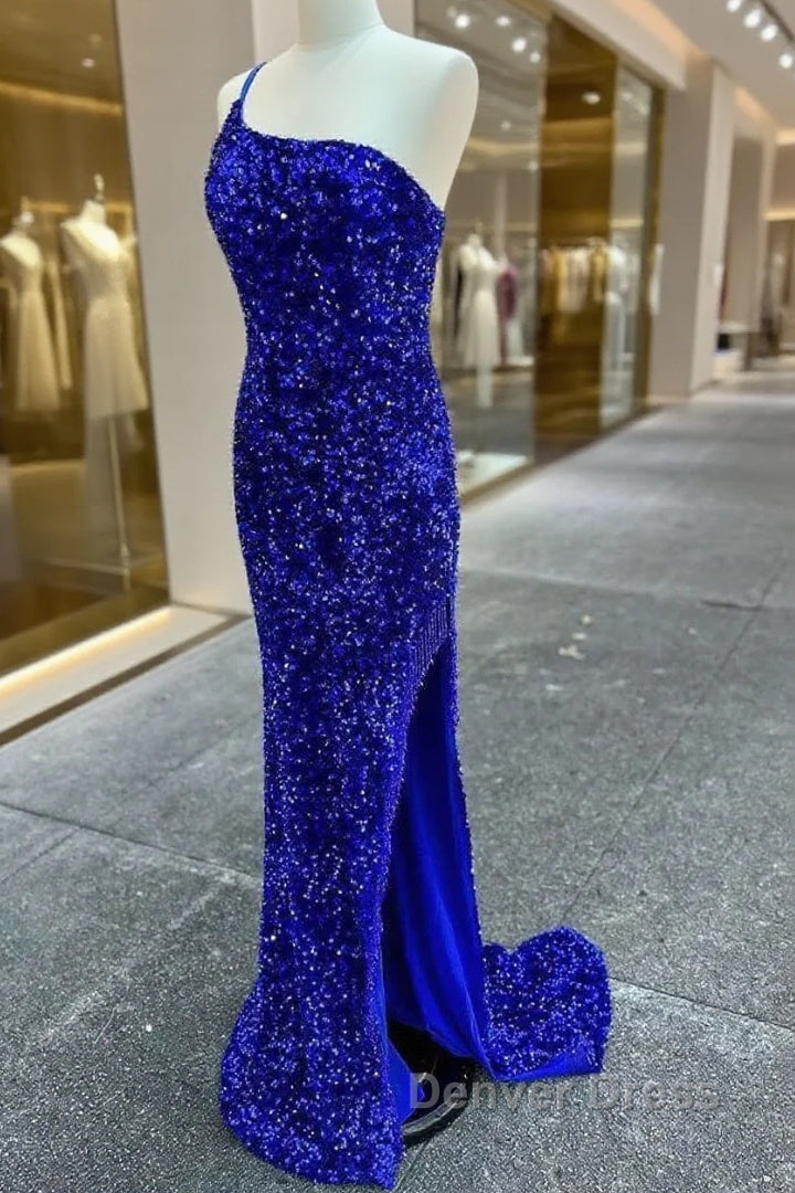 Long Sequin Prom Dresses  Royal Blue Formal Dresses One-Shoulder