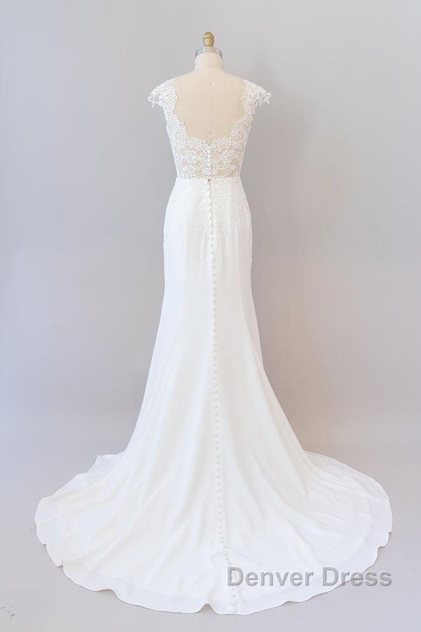 Long Sheath  Illusion Lace Wedding Dresses with Cap Sleeve Secondary image