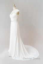 Long Sheath  Illusion Lace Wedding Dresses with Cap Sleeve