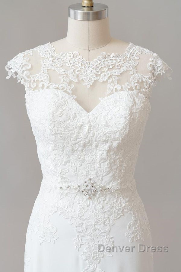 Long Sheath Illusion Lace Wedding Dresses with Cap Sleeve