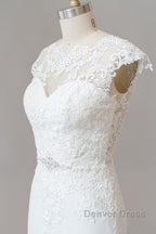 Long Sheath  Illusion Lace Wedding Dresses with Cap Sleeve