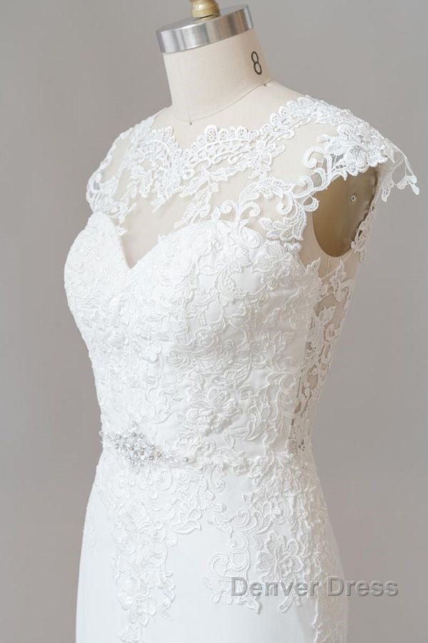 Long Sheath  Illusion Lace Wedding Dresses with Cap Sleeve