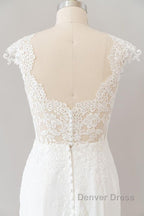 Long Sheath Illusion Lace Wedding Dresses with Cap Sleeve