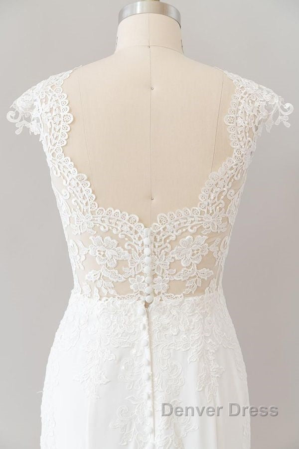 Long Sheath Illusion Lace Wedding Dresses with Cap Sleeve