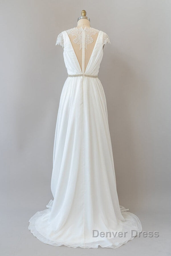 Long Sheath V Neck Lace Chiffon Wedding Dresses with Cap Sleeves