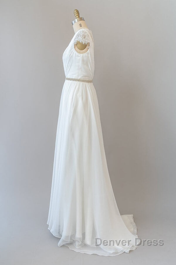 Long Sheath V Neck Lace Chiffon Wedding Dresses with Cap Sleeves
