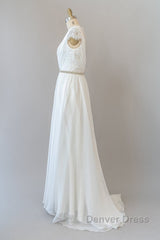 Long Sheath V-neck Lace Chiffon Wedding Dresses with Cap Sleeves