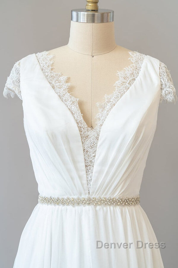 Long Sheath V-neck Lace Chiffon Wedding Dresses with Cap Sleeves
