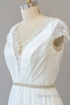 Long Sheath V Neck Lace Chiffon Wedding Dresses with Cap Sleeves