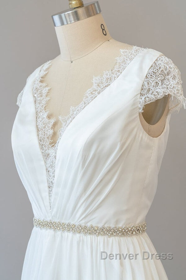 Long Sheath V Neck Lace Chiffon Wedding Dresses with Cap Sleeves