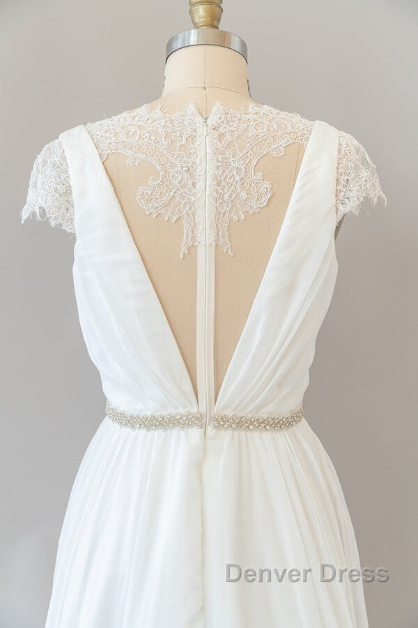 Long Sheath V Neck Lace Chiffon Wedding Dresses with Cap Sleeves
