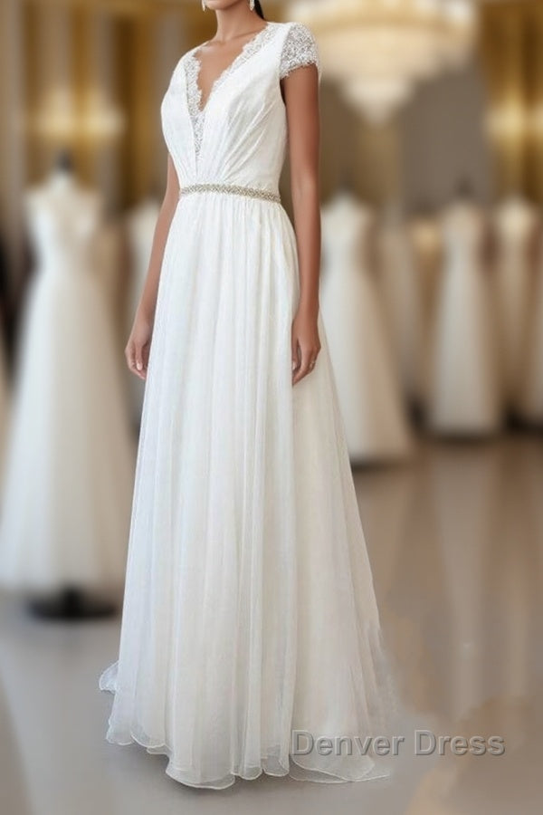 Long Sheath V-neck Lace Chiffon Wedding Dresses with Cap Sleeves Main image