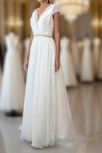 Long Sheath V Neck Lace Chiffon Wedding Dresses with Cap Sleeves