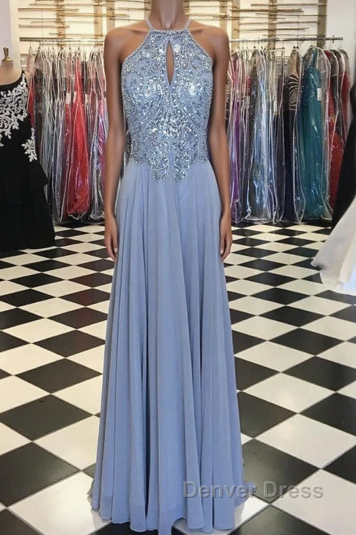Long Silver Chiffon Prom Dresses Halter Evening Gowns  New Arrival Main image
