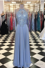 Long Silver Chiffon Prom Dresses Halter Evening Gowns  New Arrival