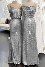 Long Silver Sequin Bridesmaid Dresses Spaghetti Strap