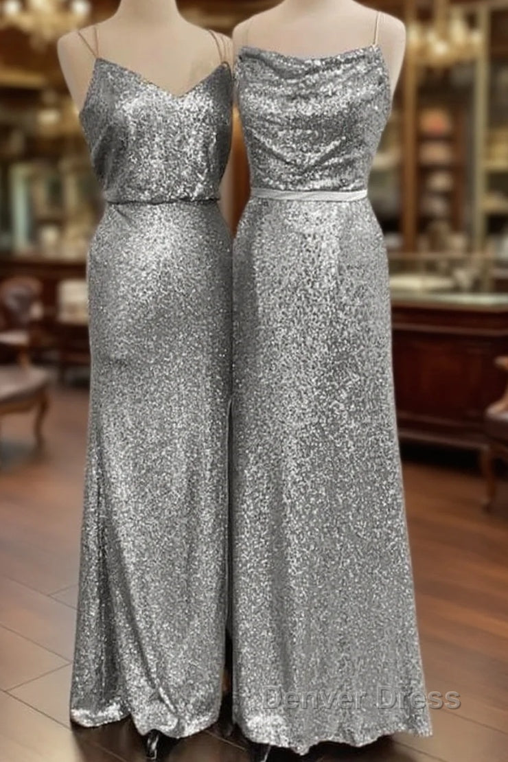 Long Silver Sequin Bridesmaid Dresses Spaghetti Strap Main image