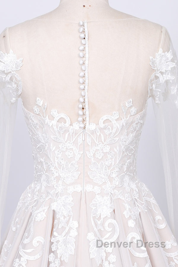 Long Sleeve Appliques Lace Tulle A-line Wedding Dresses