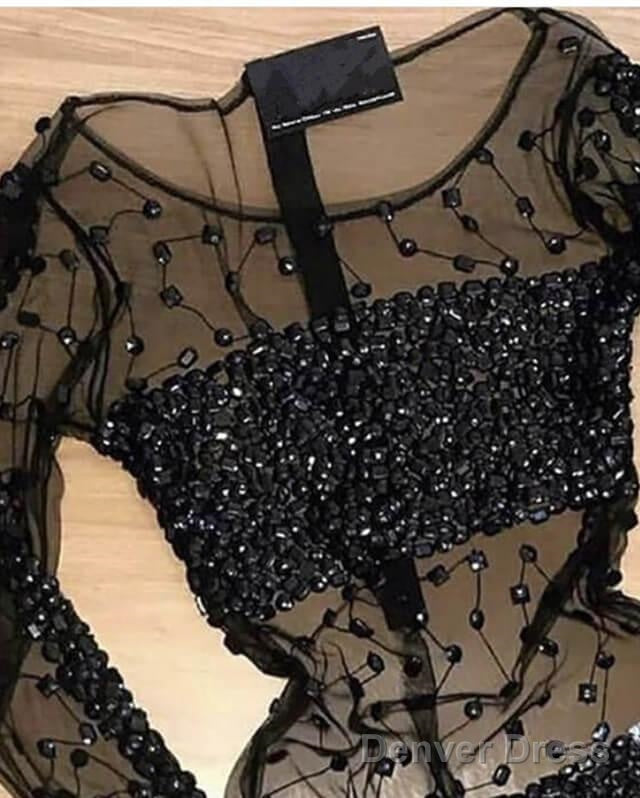 Long Sleeve Black See Through Homecoming Dresses Crystal Beaded