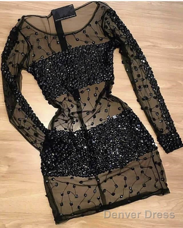Long Sleeve Black See Through Homecoming Dresses Crystal Beaded Main image
