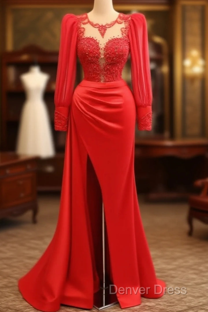 Long Sleeve Mermaid Applqiue Dresses With Slit Main image