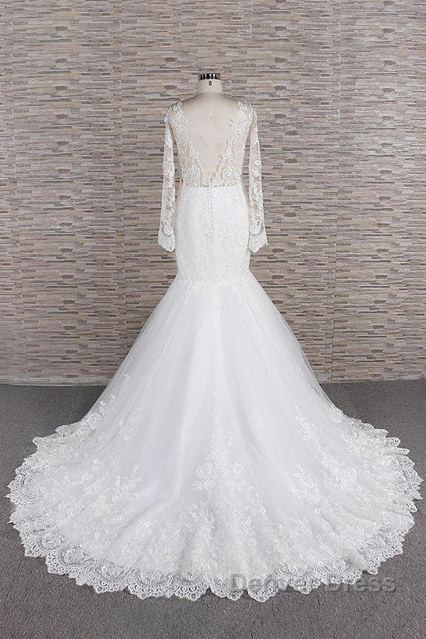 Long Sleeve Mermaid Sweetheart Appliques Lace Backless Wedding Dresses