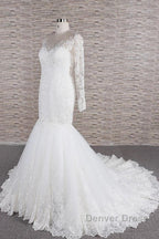 Long Sleeve Mermaid Sweetheart Appliques Lace Backless Wedding Dresses