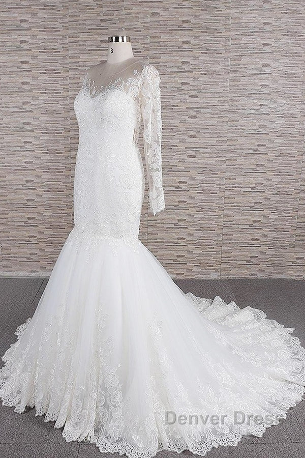 Long Sleeve Mermaid Sweetheart Appliques Lace Backless Wedding Dresses