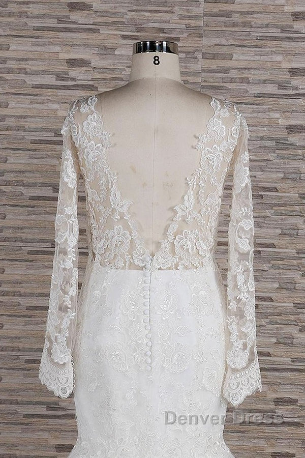 Long Sleeve Mermaid Sweetheart Appliques Lace Backless Wedding Dresses