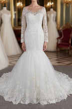 Long Sleeve Mermaid Sweetheart Appliques Lace Backless Wedding Dresses