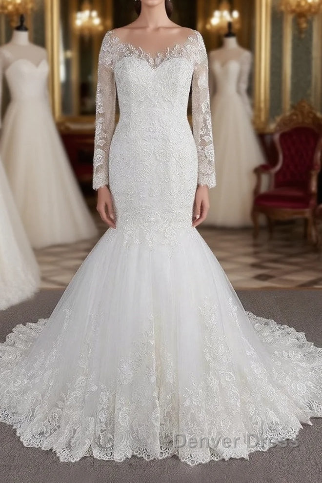 Long Sleeve Mermaid Sweetheart Appliques Lace Backless Wedding Dresses