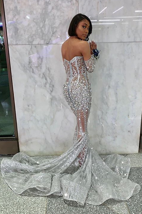 Long Sleeve Off The Shoulder Silver Black Girl Prom Dresses Mermaid Sexy Illusion Beads Crystals Prom Gown Cheap Secondary image