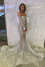 Long Sleeve Off The Shoulder Silver Black Girl Prom Dresses Mermaid Sexy Illusion Beads Crystals Prom Gown Cheap