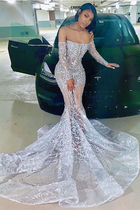 Long Sleeve Off The Shoulder Silver Black Girl Prom Dresses Mermaid Sexy Illusion Beads Crystals Prom Gown Cheap Main image