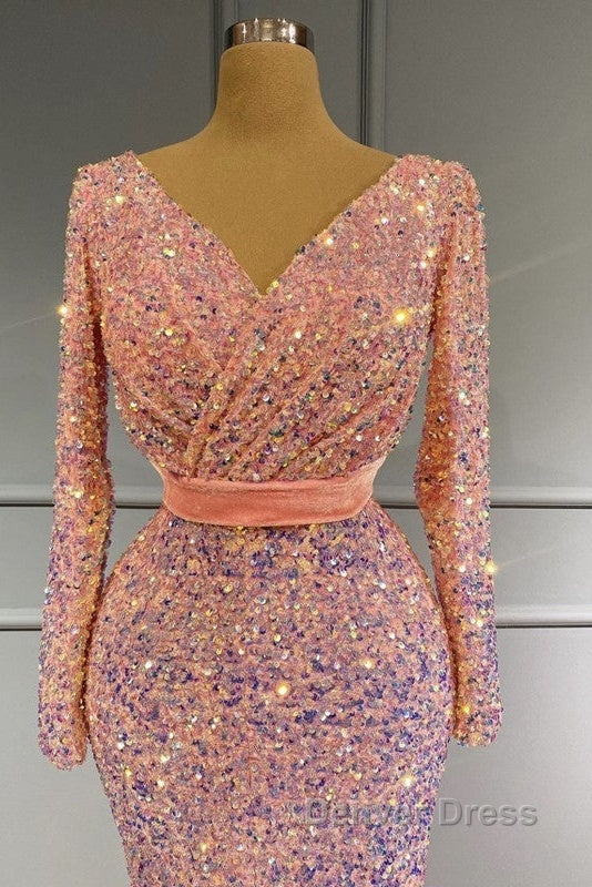 Long Sleeve Pink Mermaid Sequin Prom Dresses Secondary image