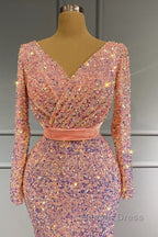 Long Sleeve Pink Mermaid Sequin Prom Dresses