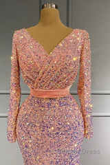 Long Sleeve Pink Mermaid Sequin Prom Dresses