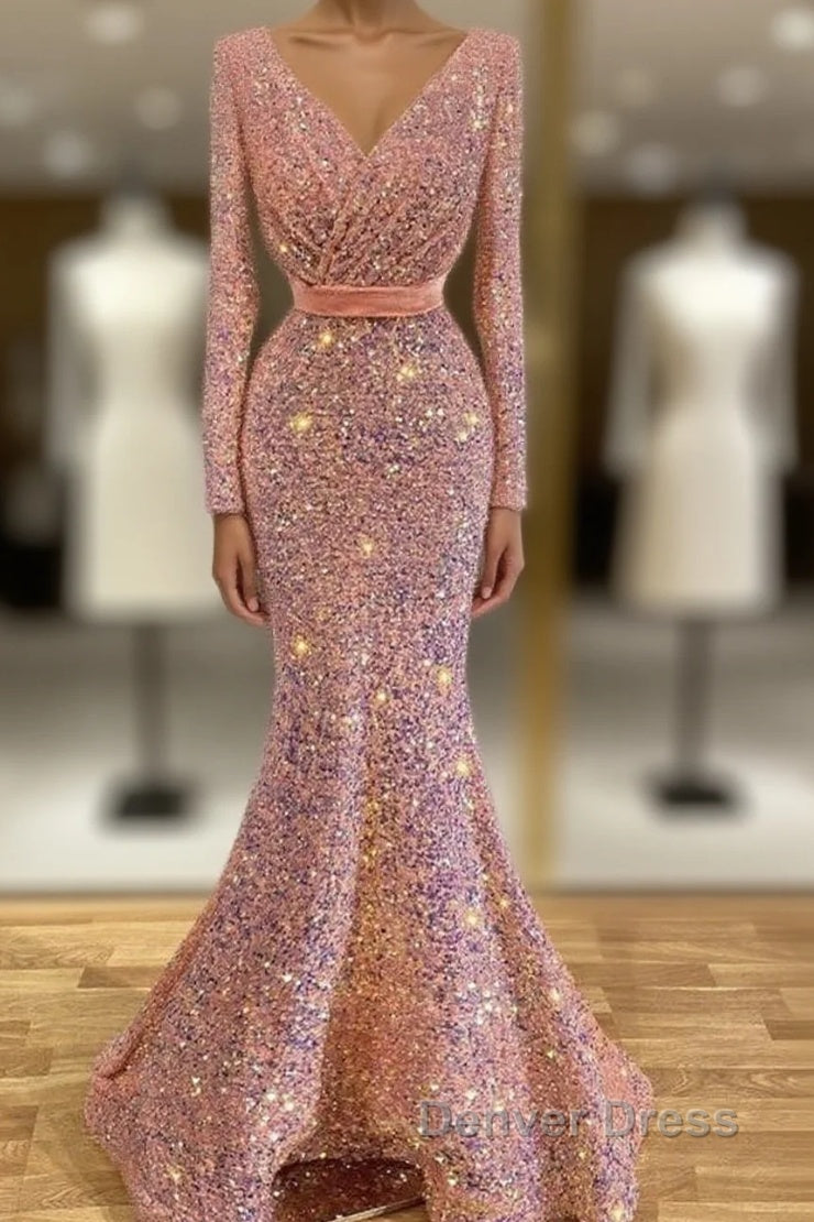 Long Sleeve Pink Mermaid Sequin Prom Dresses Main image