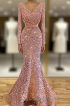Long Sleeve Pink Mermaid Sequin Prom Dresses