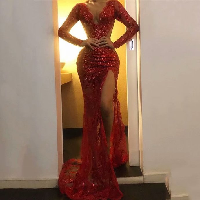 Long Sleeve Red Prom Dress, Sexy Long Prom Dresses