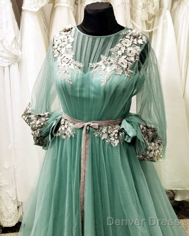 Long Sleeve Sage Green Tulle Dress With Lace Embroidery Secondary image
